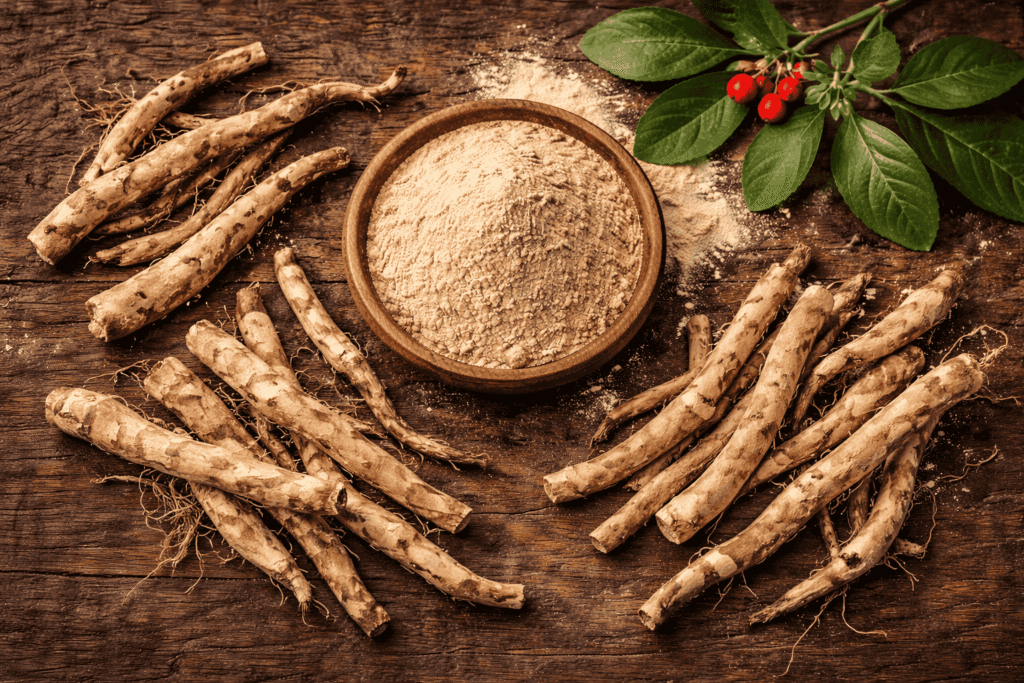 Ashwagandha roots and powder traditionally used for stress and wellness
