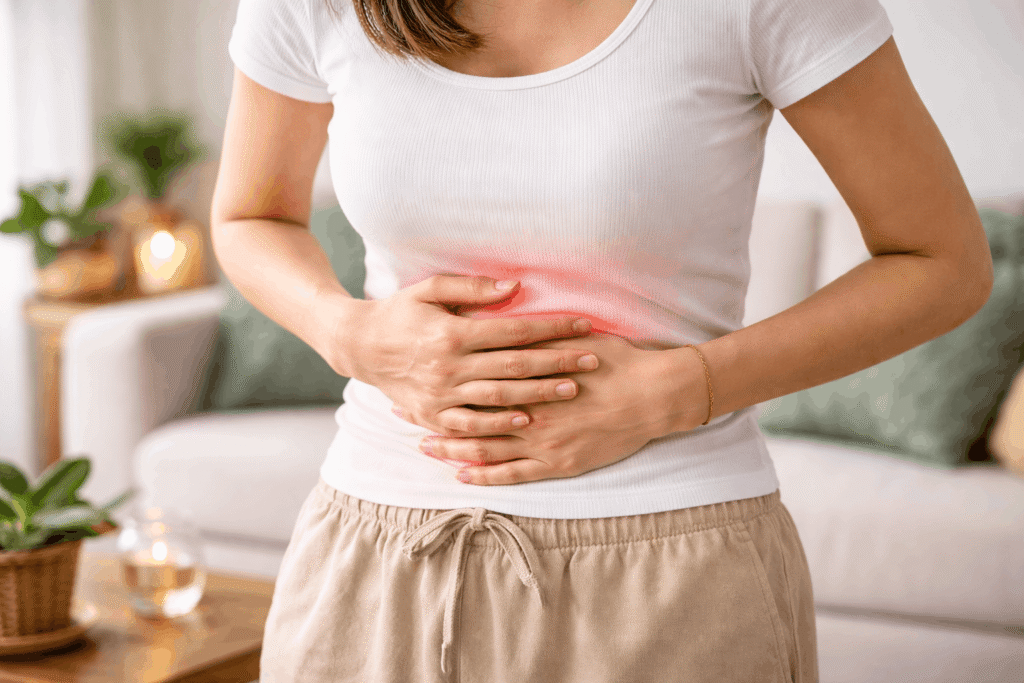 Person holding stomach showing bloating and gas discomfort symptoms