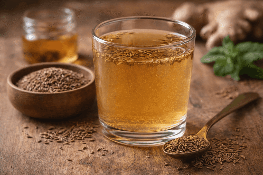 Glass of jeera water with cumin seeds for digestion support and belly fat reduction