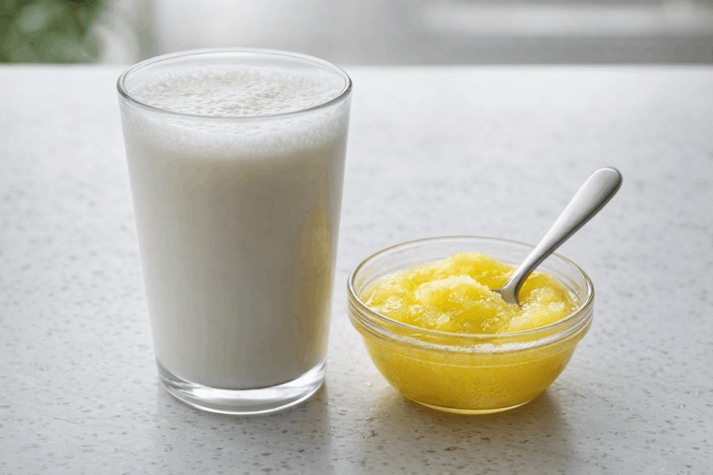 A glass of cow milk with a bowl of ghee, showing an Ayurveda-friendly food combination that supports vitamin D absorption.