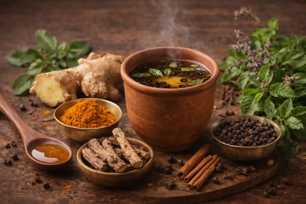 Ayurvedic home remedies for cold and cough with kadha, ginger, tulsi, turmeric, and herbs