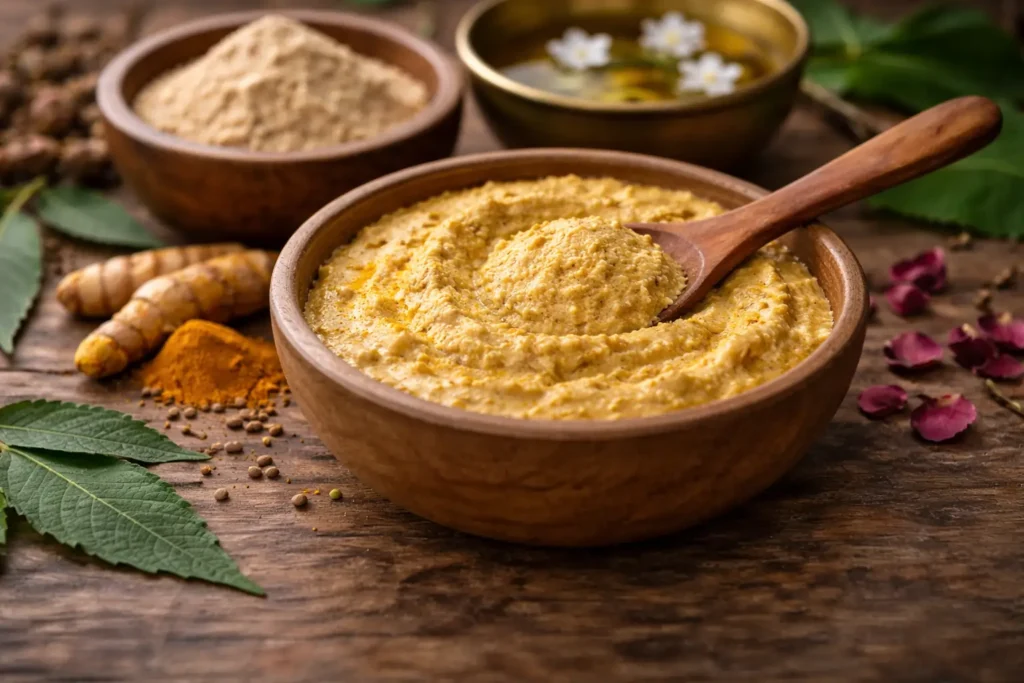 Fresh Ayurvedic ubtan paste made with turmeric and gram flour for glowing skin