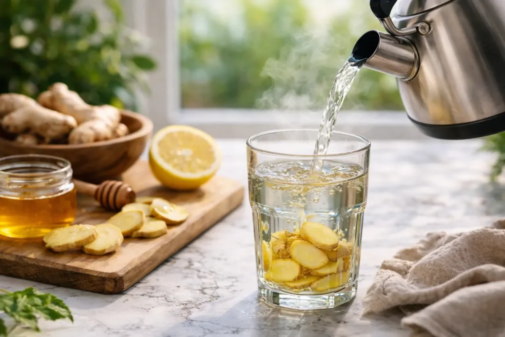 Pouring hot water into glass with fresh ginger slices to prepare Ginger Water Benefits for Health