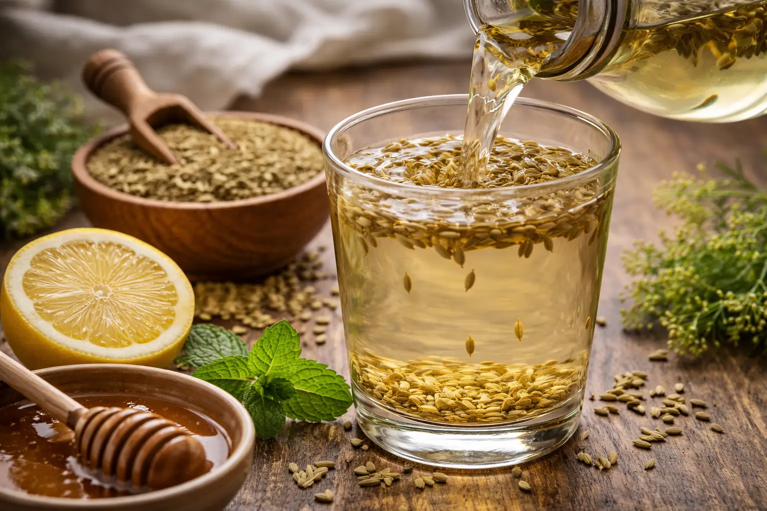 saunf water benefits for digestion with fennel seeds in glass
