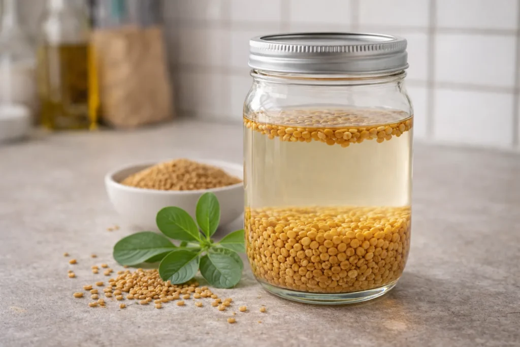 soaking fenugreek seeds in water overnight to prepare methi water at home
