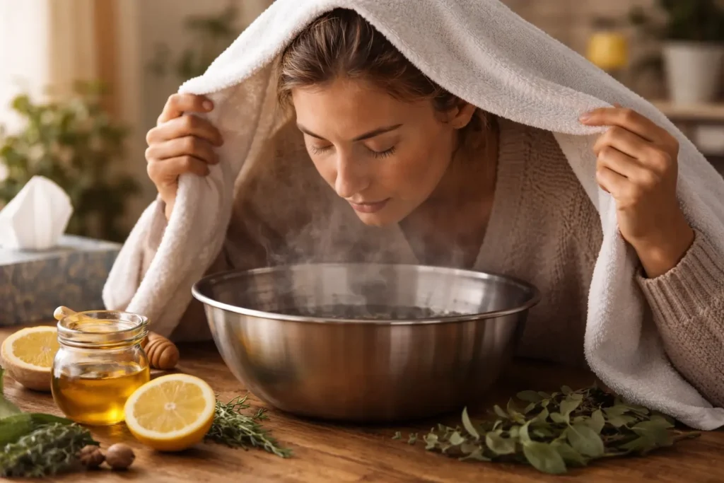 Steam inhalation therapy for nasal congestion and cough using Ayurvedic home remedies