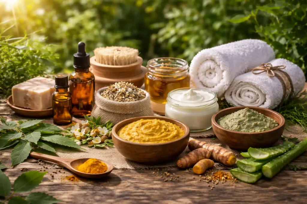 Sustainable Ayurvedic skincare ingredients including turmeric, aloe vera and herbal oils for glowing skin