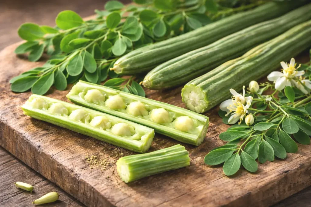 Fresh moringa pods with seeds – natural superfood showing the benefits of moringa for health
