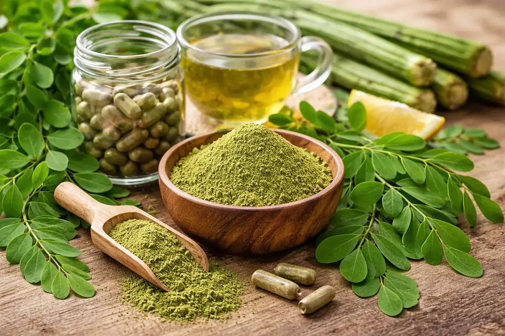 moringa benefits for health showing moringa powder, capsules, tea and fresh moringa leaves