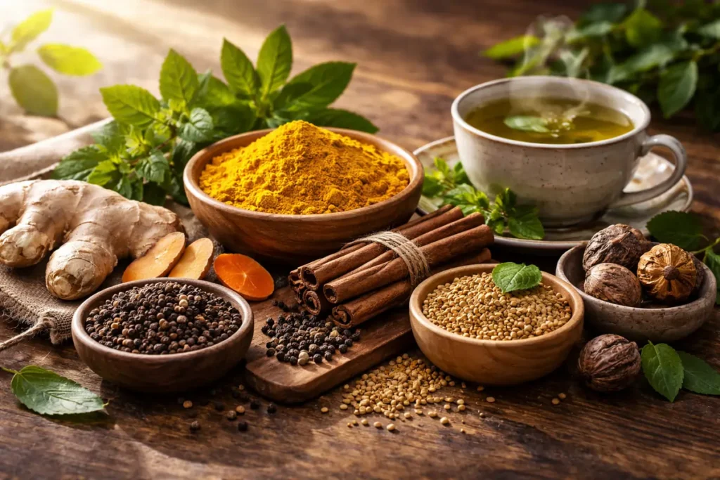 ayurvedic foods to boost metabolism naturally including turmeric ginger tulsi cinnamon black pepper fenugreek and green tea