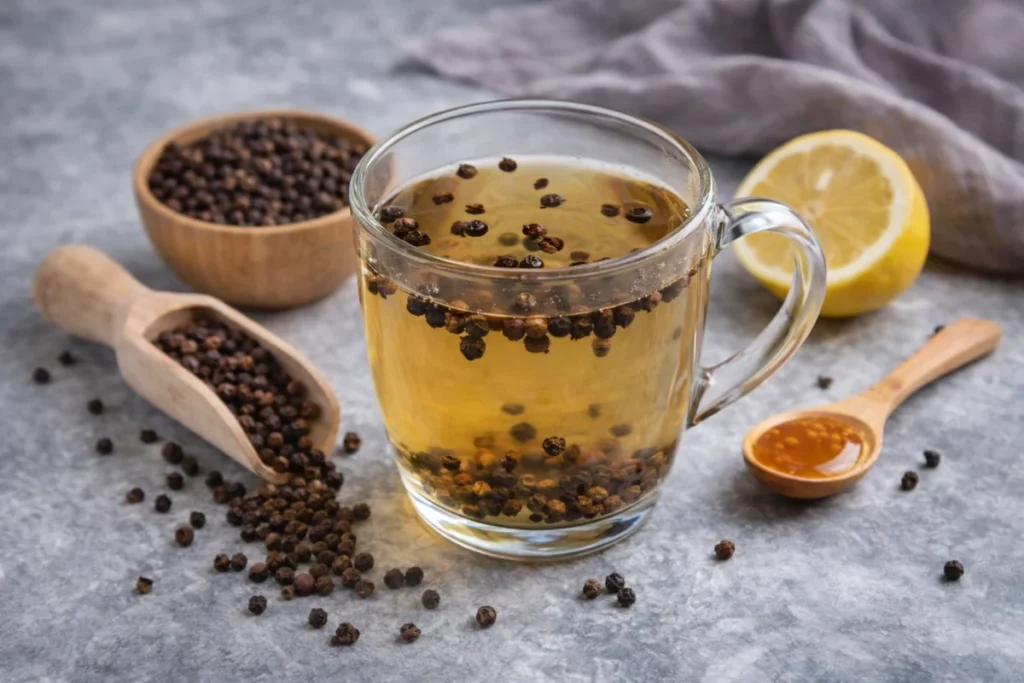 black pepper water benefits ayurvedic drink with peppercorns lemon and honey