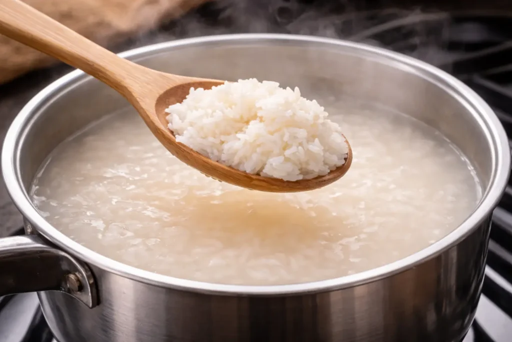 boiled rice water for skin showing starchy water in pot with rice for natural skincare