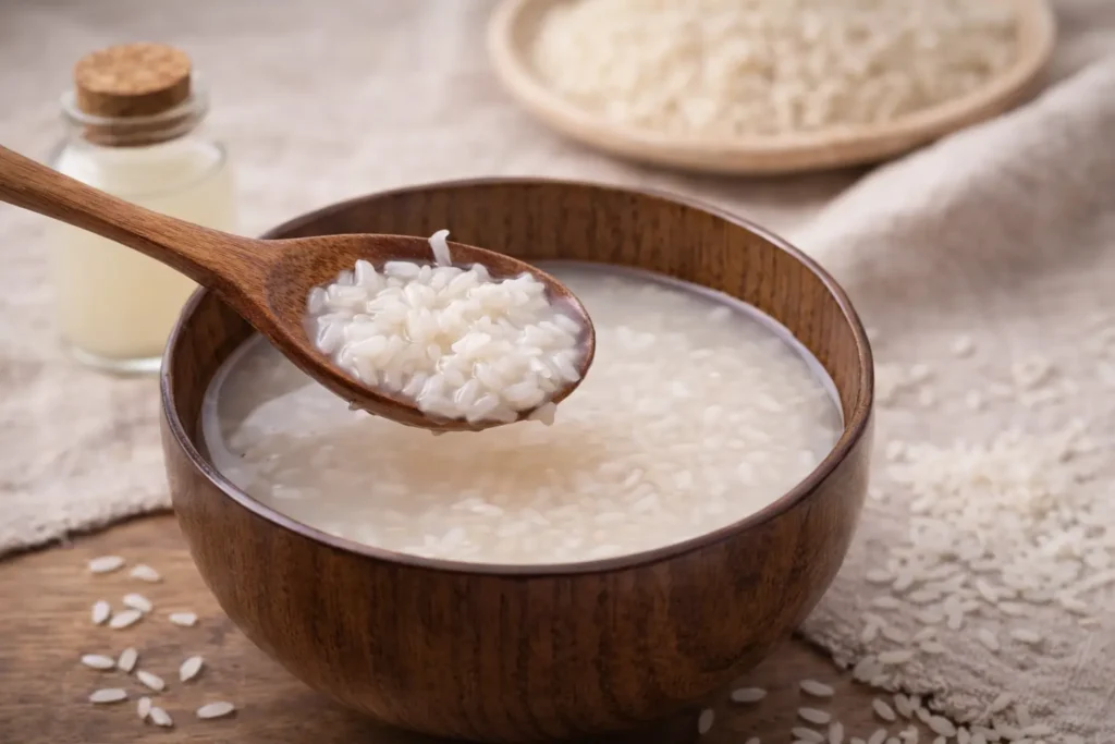 Fermented rice water for skin in wooden bowl showing natural skincare preparation for glowing skin
