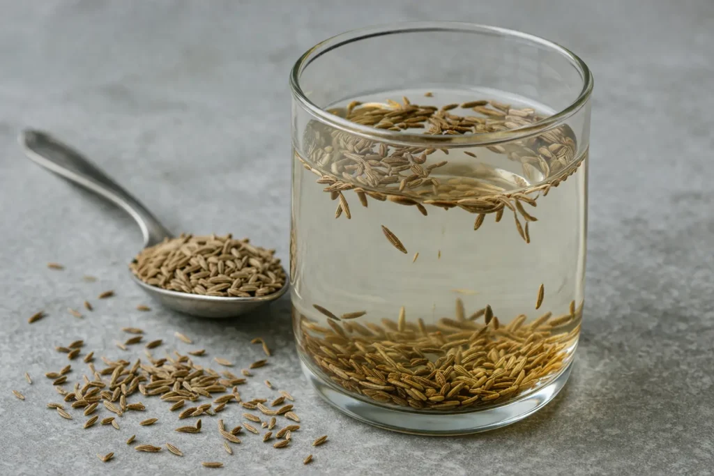 Jeera water in glass with cumin seeds for Ayurvedic drinks for belly fat loss and digestion boost