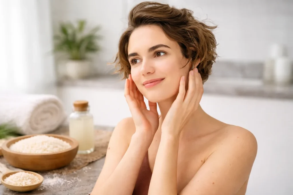 rice water benefits for skin showing natural glowing healthy face with rice water skincare