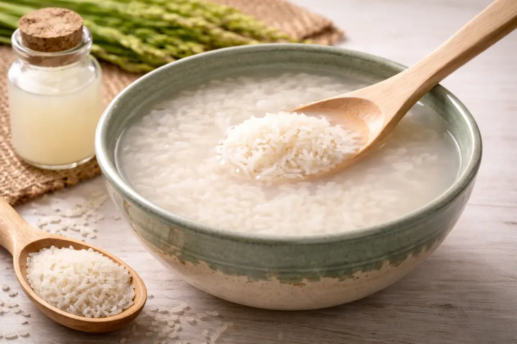 Soaked rice water for skin preparation with rice grains in bowl for natural skincare
