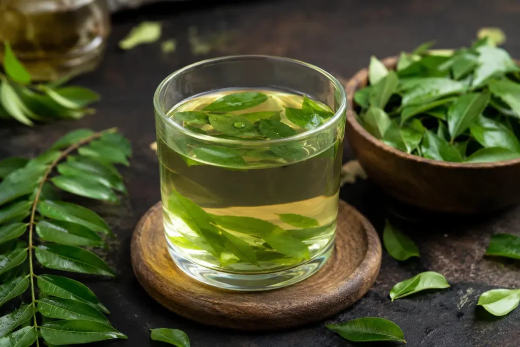 Curry leaves water benefits for hair and digestion with fresh curry leaves and herbal Ayurvedic drink