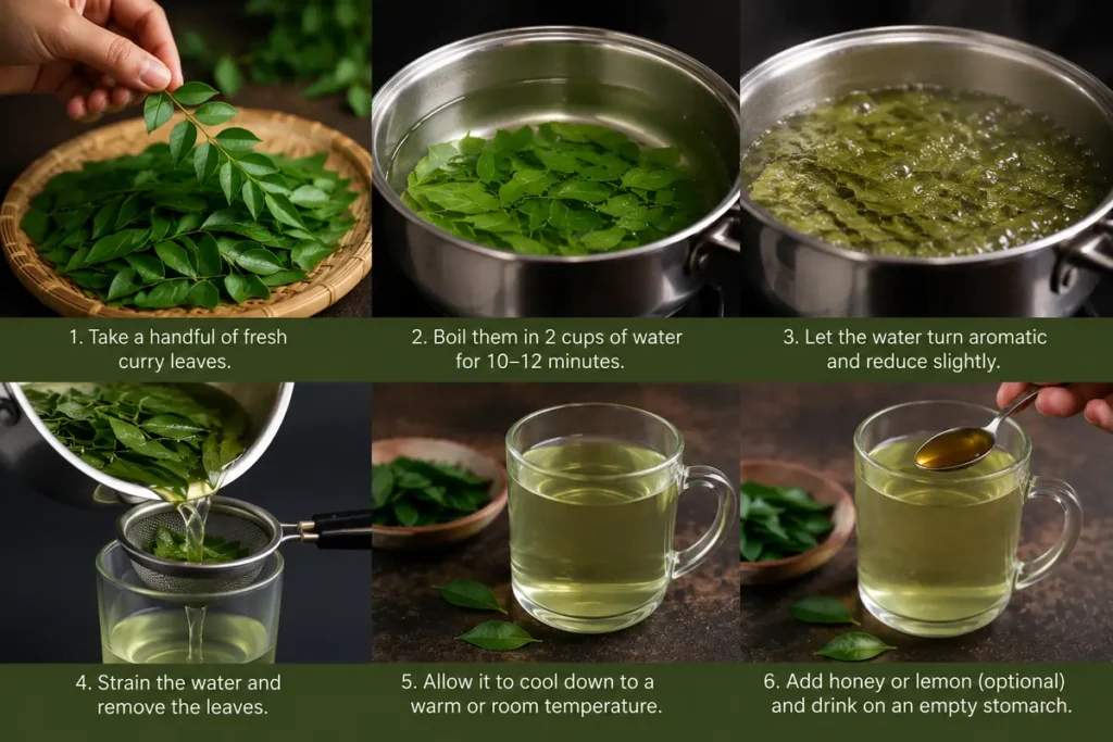 How to make curry leaves water step by step using fresh curry leaves boiled in water for hair and digestion benefits