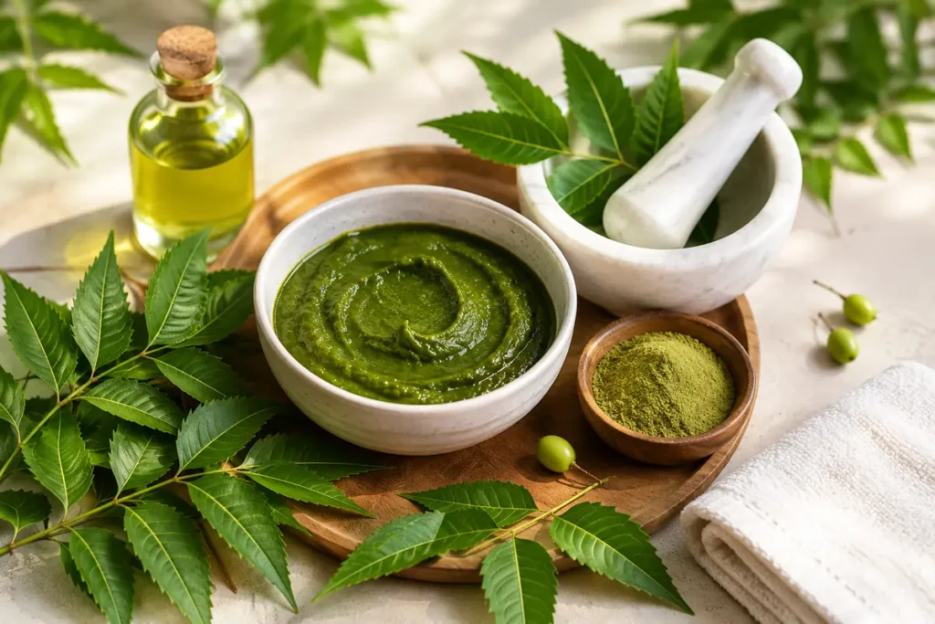 Fresh neem leaves, neem paste, neem powder, and neem oil used to demonstrate how to use neem for skin safely at home.