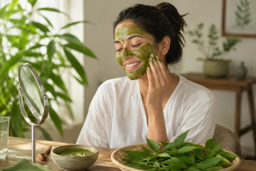 Woman applying a homemade neem face pack while looking in a mirror, demonstrating the natural neem benefits for healthy, glowing skin.