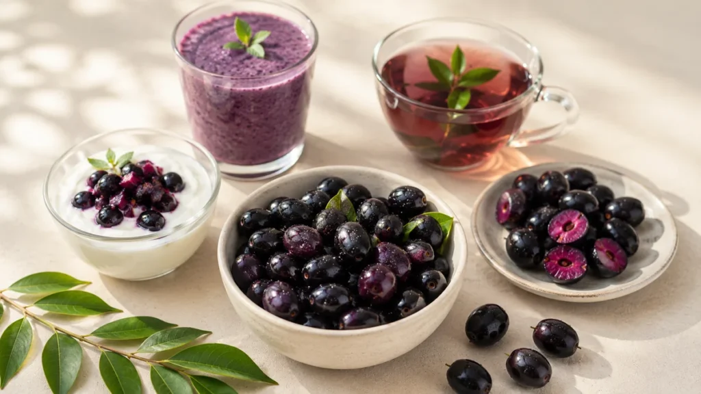 How to eat jamun with fresh fruit, yogurt, smoothie, and herbal tea as healthy ways to enjoy jamun benefits.
