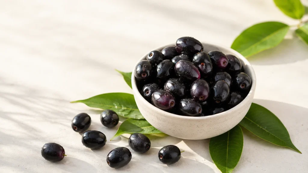 Fresh jamun fruit in a ceramic bowl showing jamun benefits for health, nutrition, and Ayurvedic wellness.