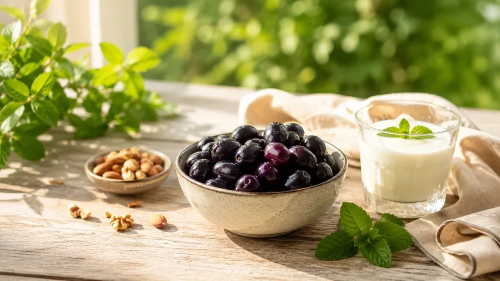 Healthy breakfast featuring fresh jamun fruits, yogurt, nuts showcasing the nutritional jamun benefits as part of a balanced lifestyle.