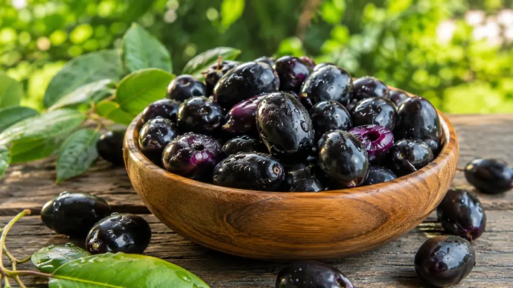 Fresh jamun fruits in a wooden bowl highlighting the jamun benefits for health, including antioxidants, fiber, and essential nutrients.