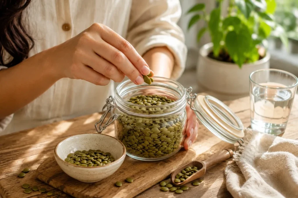 Woman taking a small serving of pumpkin seeds from a glass jar, showing the recommended daily portion and pumpkin seeds benefits as part of a healthy balanced diet.
