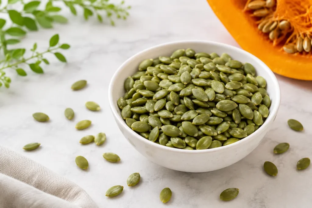 Bowl of green pumpkin seeds (pepitas) with fresh pumpkin, highlighting the health benefits and nutritional value of pumpkin seeds.