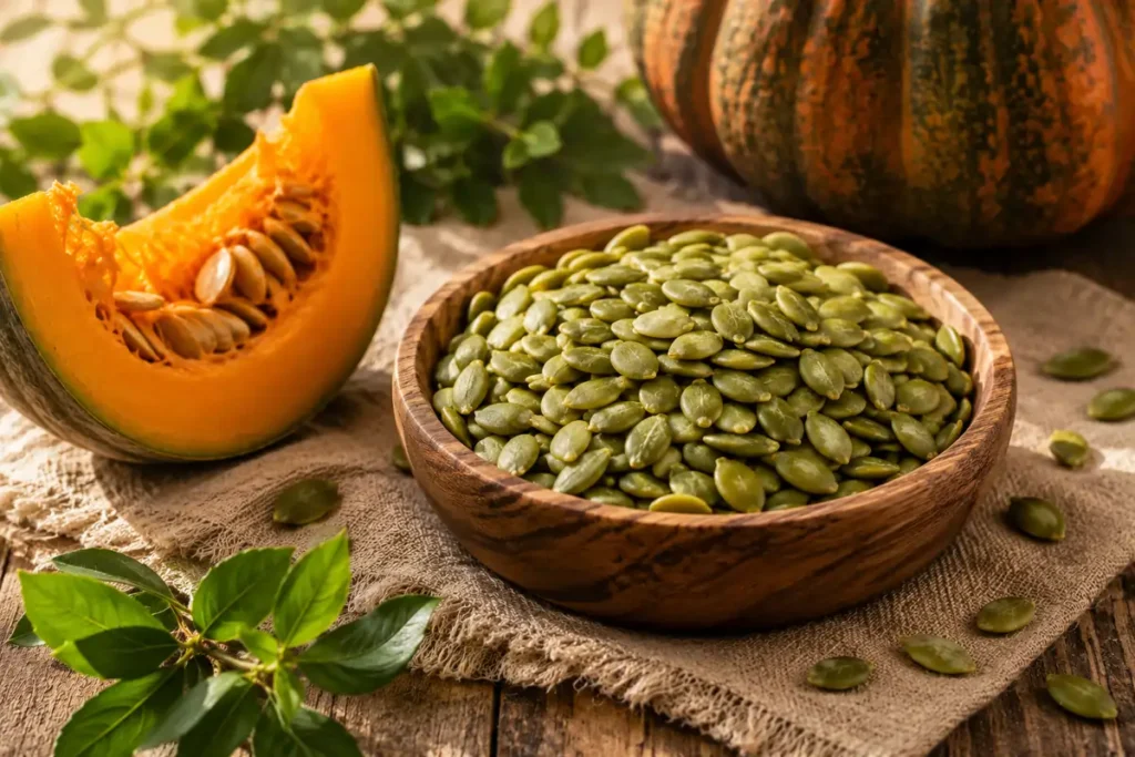 Wooden bowl of pumpkin seeds with fresh pumpkin on a rustic table, representing pumpkin seeds in Ayurveda-inspired nutrition and healthy eating.