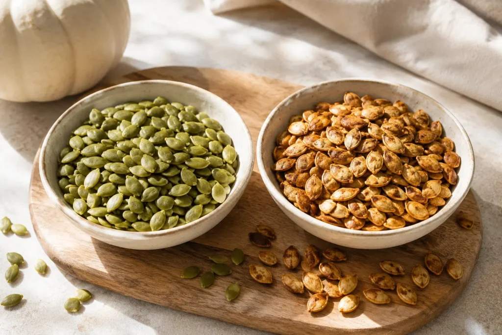 Comparison of raw and roasted pumpkin seeds showing pumpkin seeds benefits and the difference between raw and roasted options.