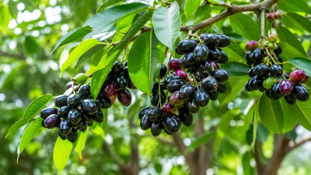 Fresh jamun fruits growing on a tree branch, showing what jamun looks like and its health benefits.