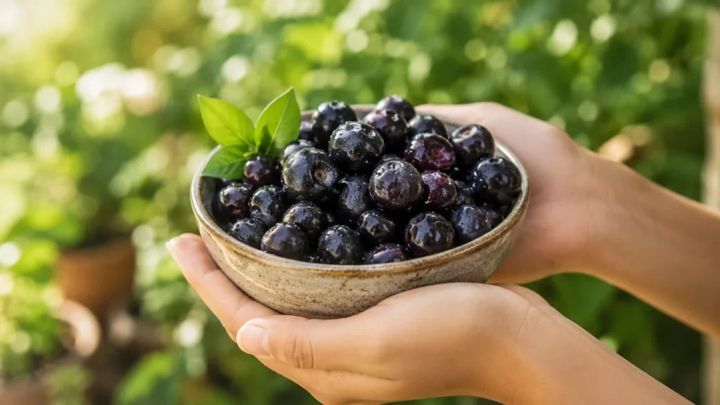 Hands holding a bowl of fresh ripe jamun fruits, illustrating who should be careful with jamun benefits and the importance of consuming jamun in moderation.