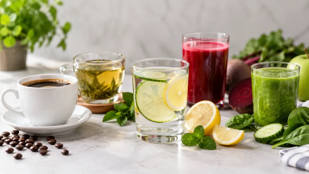 Best drinks for liver health including coffee, green tea, beetroot juice, and infused water