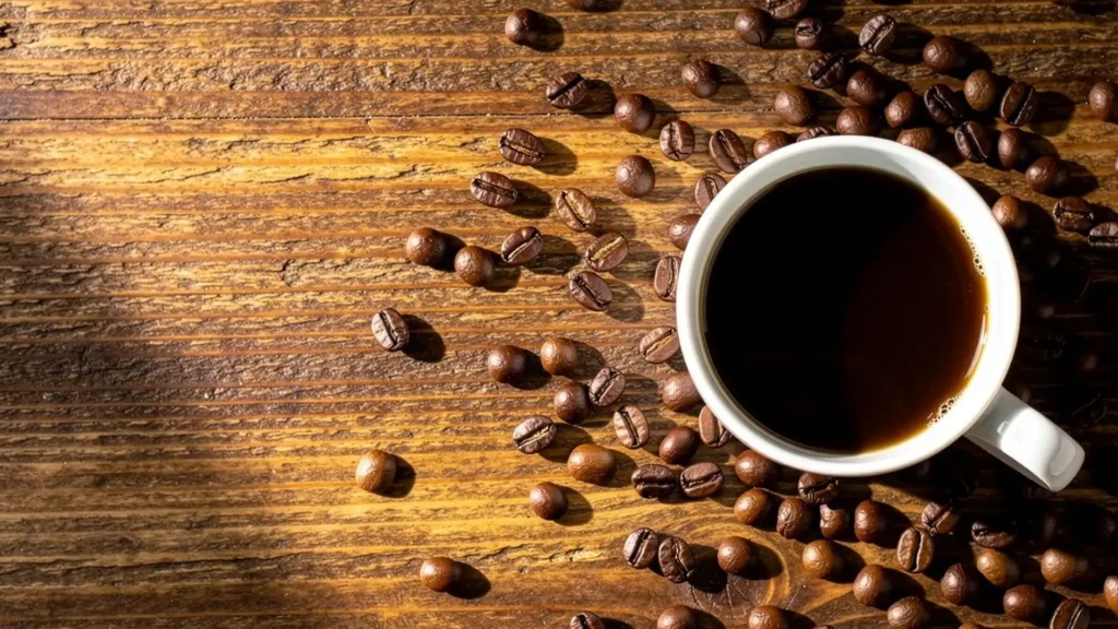 Cup of coffee with roasted coffee beans on a wooden table