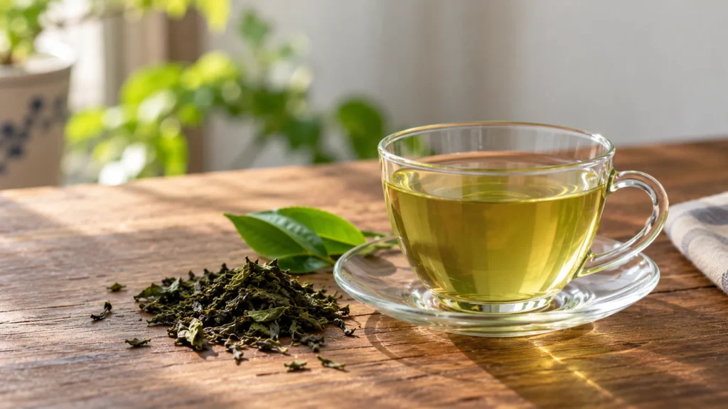 Cup of green tea with fresh green tea leaves