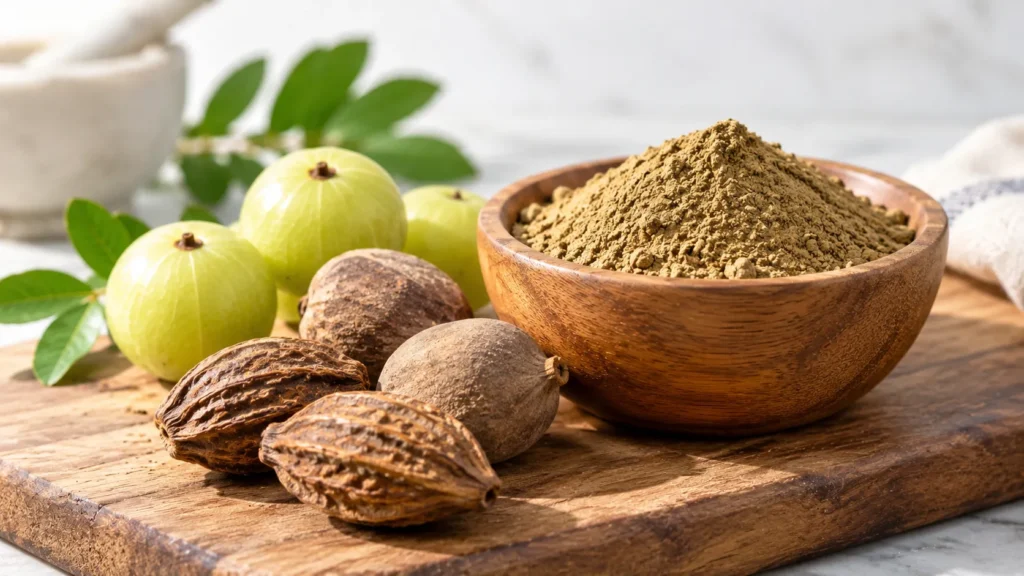 Triphala benefits: Ayurvedic herbal powder with amla, bibhitaki and haritaki fruits