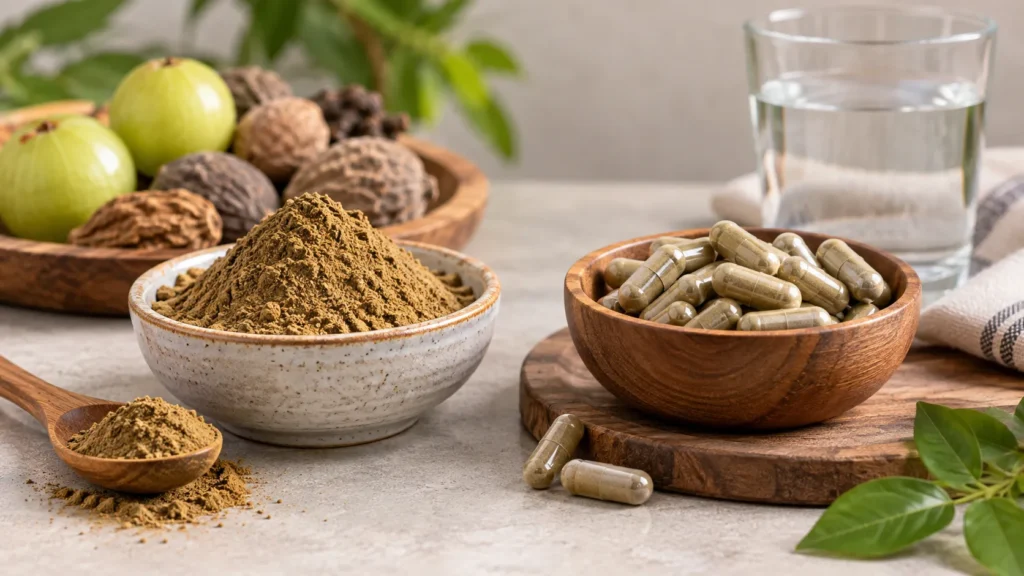 Triphala powder and capsules shown side by side with Triphala fruits